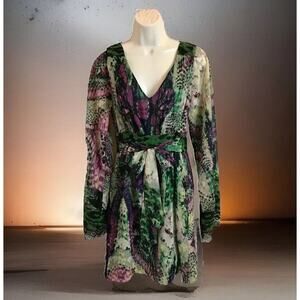 RAMPAGE Midi Dress Womens M Bold Sheer Mixed Animal Print Flair L/Sleeves Belted